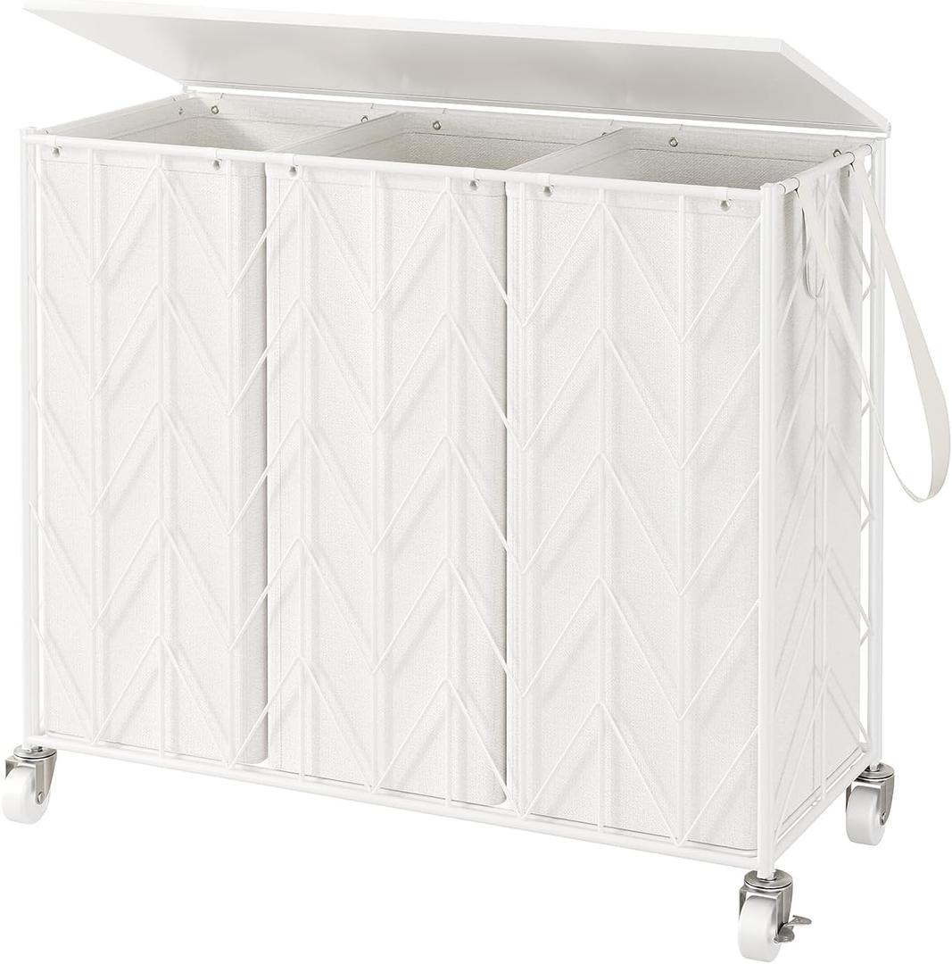 WOWLIVE Laundry Basket with Wheels, 142L Laundry Hamper 3 Section with Lid, Dirty Clothes Hamper with Removable Bags, Large Capacity Iron-Made Laundry Basket Organizer Laundry Sorter for Dorm, White