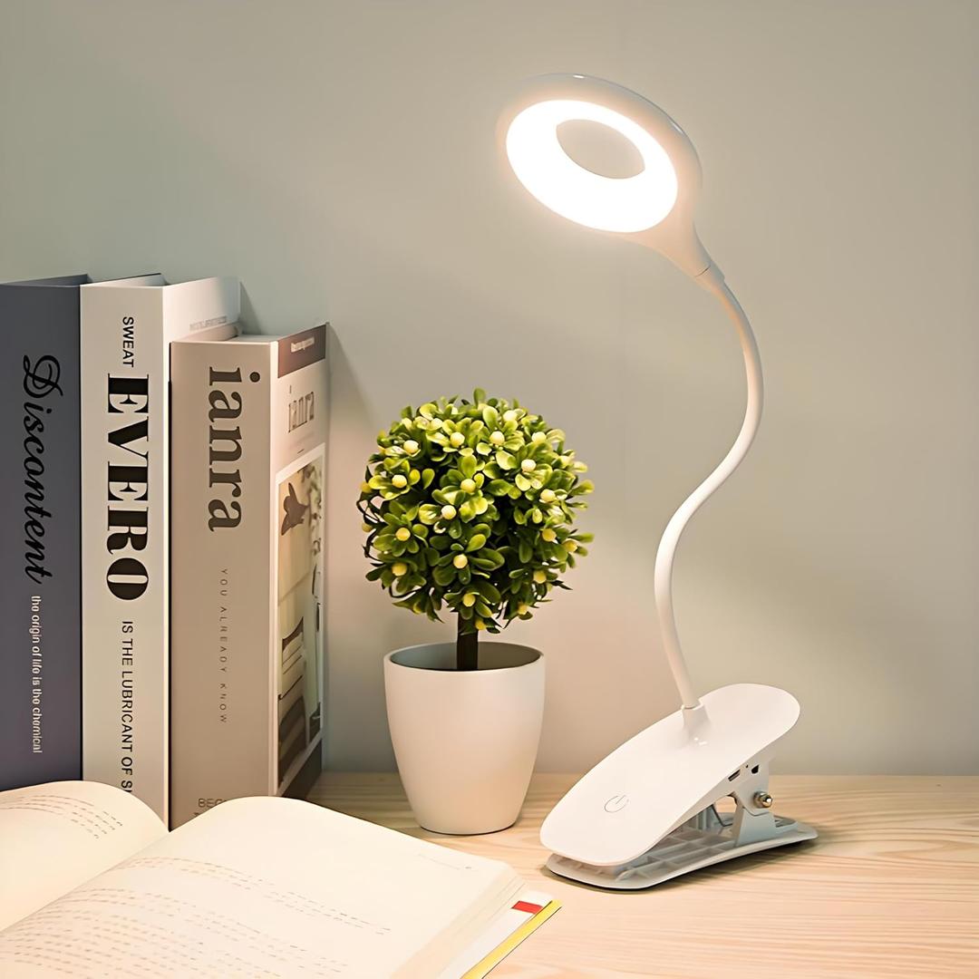 Desk Lamp Clip on Reading Light, Portable Rechargeable Desk Light Mini Clip Lamp, Dorm Room Essential Clip on Lights Wall-Mounted, Bedside Lamp with Clamp, Rechargeable Reading Lights for Dorm Makeup