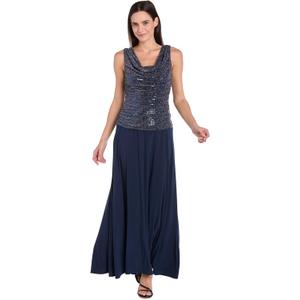 R&M Richards Women's Plus Size Evening Shimmer Maxi Gown, Navy/ Silver