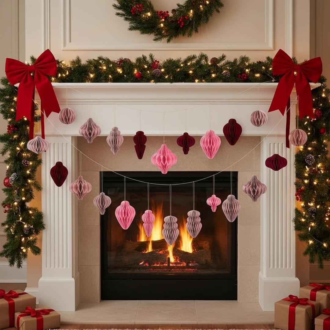 24 Pcs Christmas Mini Paper Honeycomb Ornaments with DIY Garland String 3D Honeycomb Hanging Christmas Decorations Neutral Ornaments for Xmas Tree Home Decor Farmhouse Party Birthday Holiday