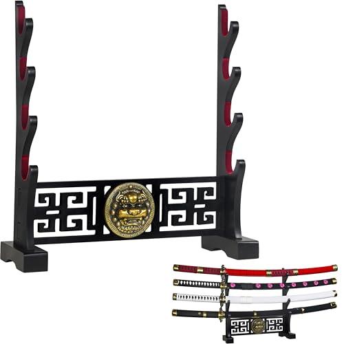 Logest Sword Stand - 4 Tier Options - Crafted Using Wood Katana Holder - Furnished in Black with a Gold Lion’s Head - Desirable Sword Display Gift Option - Sword Holder Katana Stand