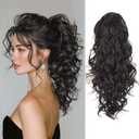 QGZ 20" Wavy Ponytail Extension, Claw Clip Ponytail Hair Extension, Natural Synthetic Hairpiece for Women Daily Use(Black Brown)