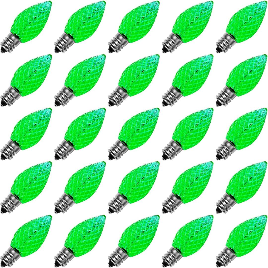 Meconard C7 Led Replacement Christmas Light Bulbs, C7 Shatterproof Led Bulbs for Christmas Indoor Outdoor String Lights, E12 Candelabra Base, Commercial Grade Holiday Light Bulbs, Green, 25 Pack
