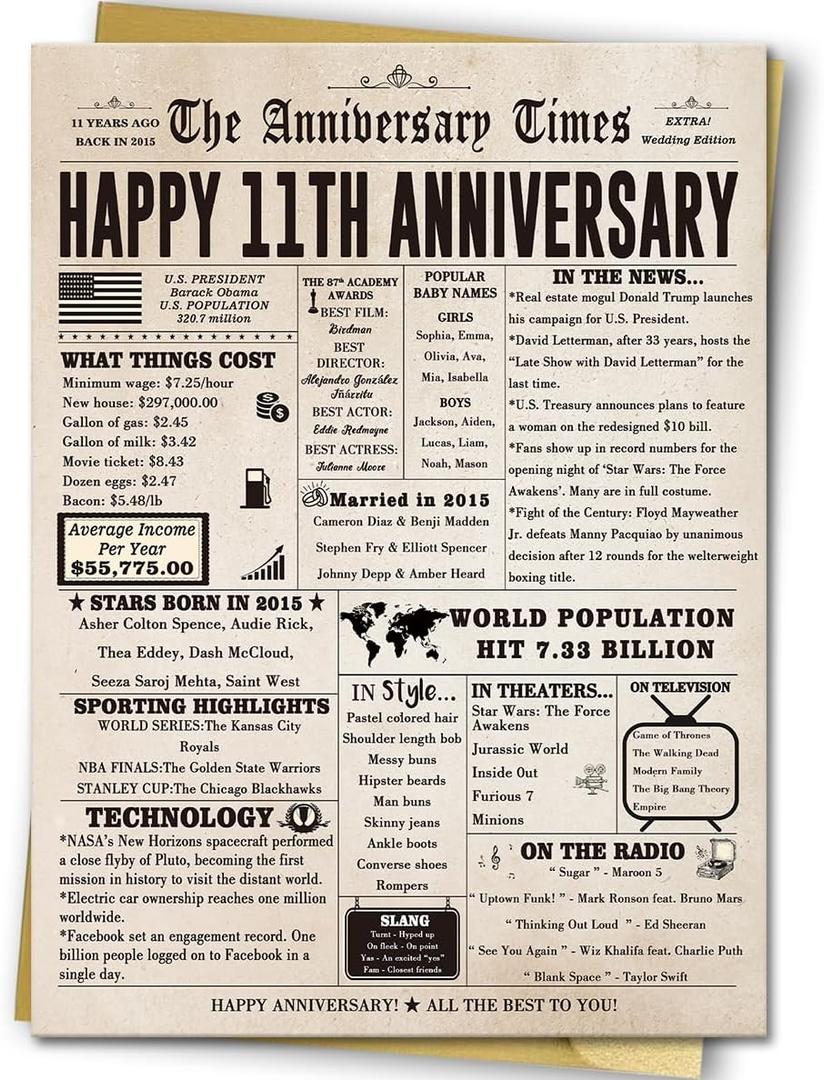 2 x Jumbo 11th Anniversary Cards Gifts for Wife Husband Couple, Romantic 11 Year Wedding Anniversary Decorations for Women Men, Jumbo Steel Anniversary Card for Him Her