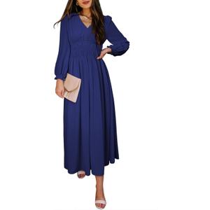 BLENCOT Womens Casual Long Sleeve Tiered V Neck Dress Pleat Ruched Ruffled Dress Solid Color Flowy Swing Midi Long Dresses (Small, Sp605 Blue)