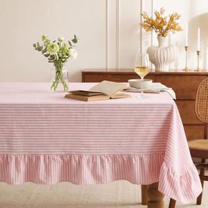 Moukeren 70 x 120 in Farmhouse Ruffle Striped Tablecloth, 100% Cotton Retro Washed Vintage Table Cover for Rectangle Dining Table, Decorative Rustic Tablecloth for Kitchen Party Wedding(Pink)