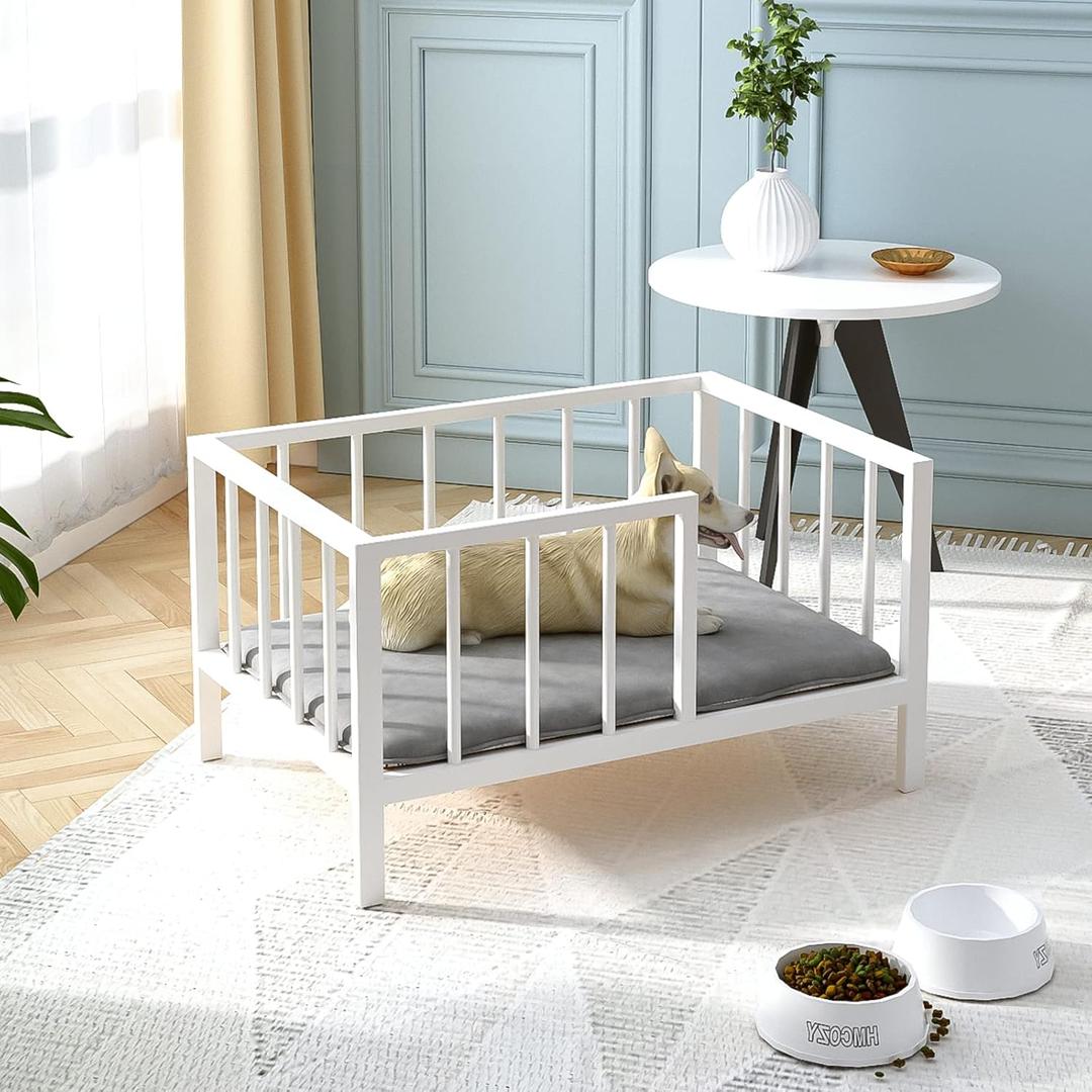 OSCHF Dog Bed with Rails - Elevated Pet Metal Bed Frame with Solid Wood Board and Washable Soft Mat for Small Dog Indoor or Outdoor Use, 21.3" x 30 ", White