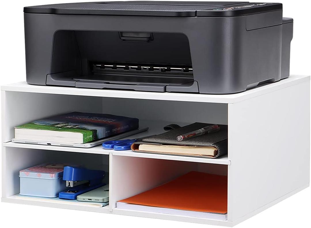EMERIT Printer Stand Shelf with Storage Wood Desk Paper Organzier for Home/Office,Printer Riser, 2 Tire (Large, White)