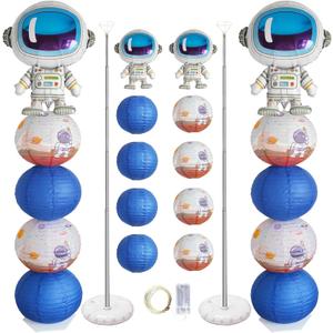 Astronaut Balloons Column Stand Kit And Paper Lantern 2 Sets 5.9 Feet with Reusable Metal Telescopic Design For Outer Space Themed Parties, Birthday, Baby Shower