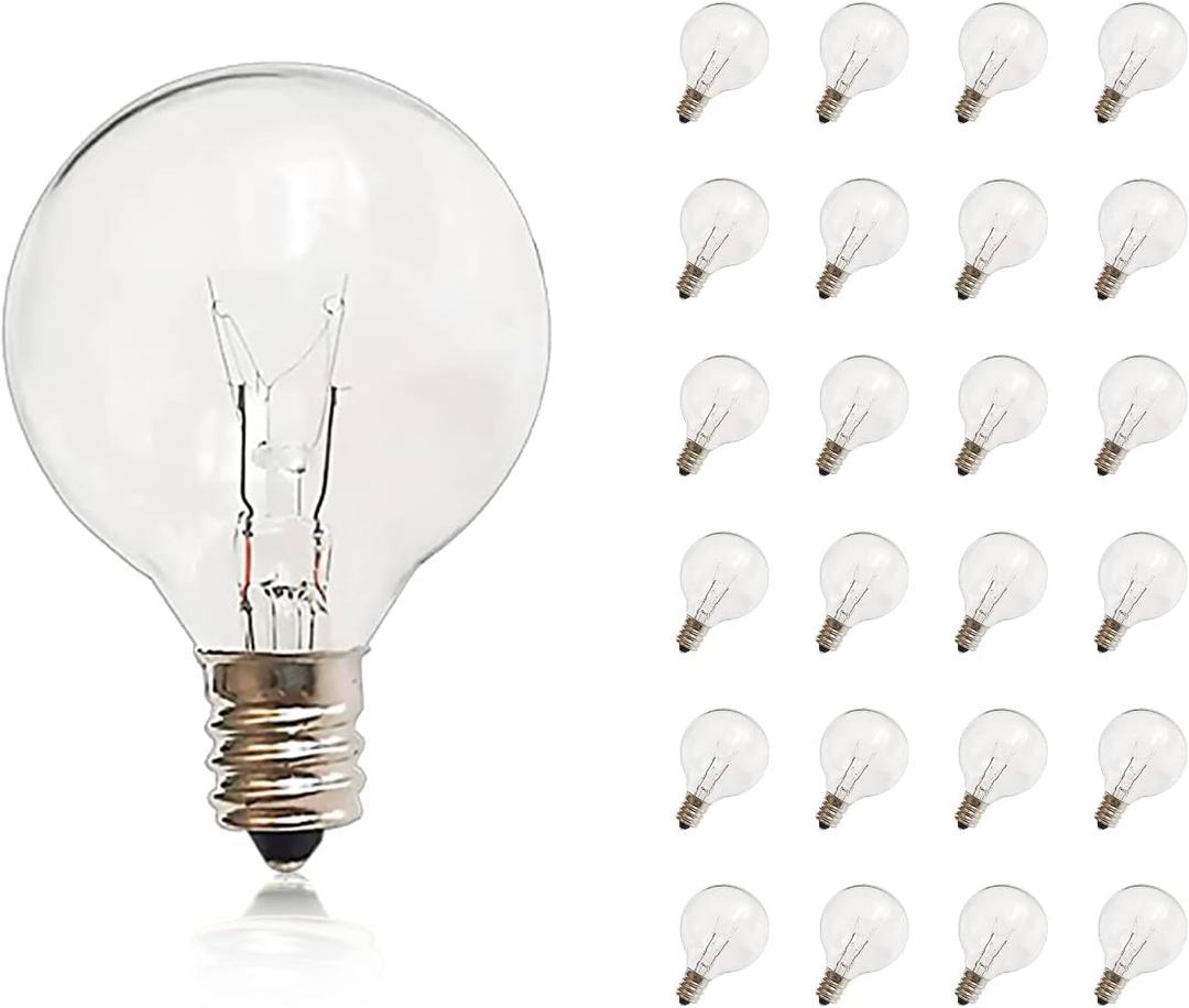 G40 Replacement Bulbs, 25 Pack Clear Glass Globe 5W E12 Candelabra Base Incandescent Light Bulbs, Warm White for Outdoor String Lights, Christmas, Patio, Holiday Decor