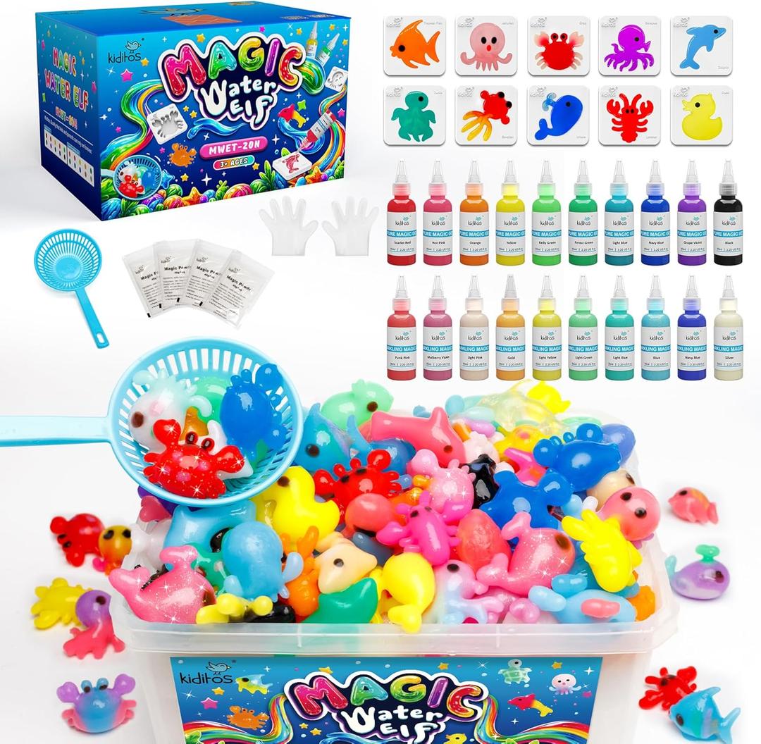 Kiditos Magic Water Elf Toy Kit  Squishies for Kids, 20 Gels & 10 Molds, Magic Gel Water Pets Sensory DIY Craft Kit, Party Favors & Gifts for Kids Ages 3+