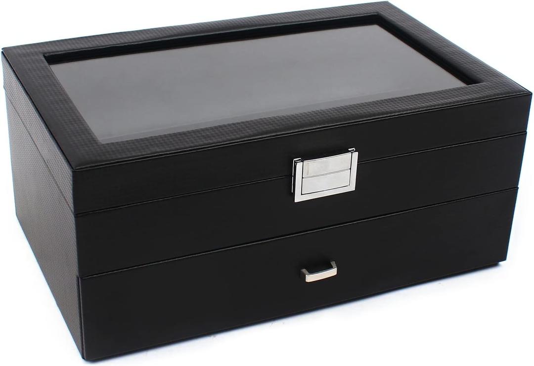 24 Slot Watch Case, Luxury Carbon Fiber Watch Box, Exquisite Watch Display Organizer for Men Women Watch and Jewelry Holder Cabinets 13.4 * 8.3 * 5.8inch