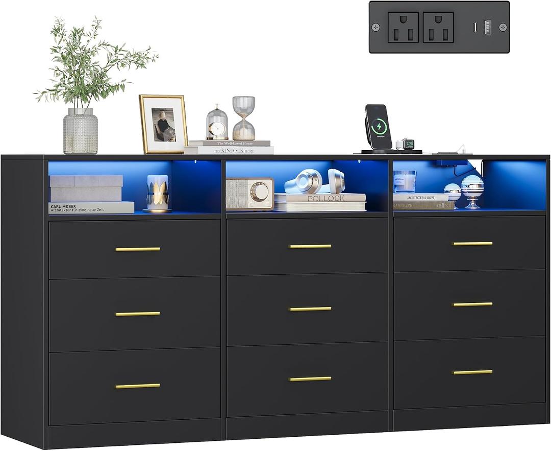 VASAGLE Dresser for Bedroom, with LED Lights and Power Strip, 9 Drawers