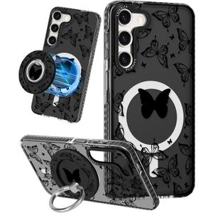 for Samsung Galaxy S23 Plus Case for Women - Girls Cute Design Compatible with Magsafe Magnetic Ring Holder Stand Black Butterfly Phone Covers Aesthetic Girly TPU Funda for S23 Plus