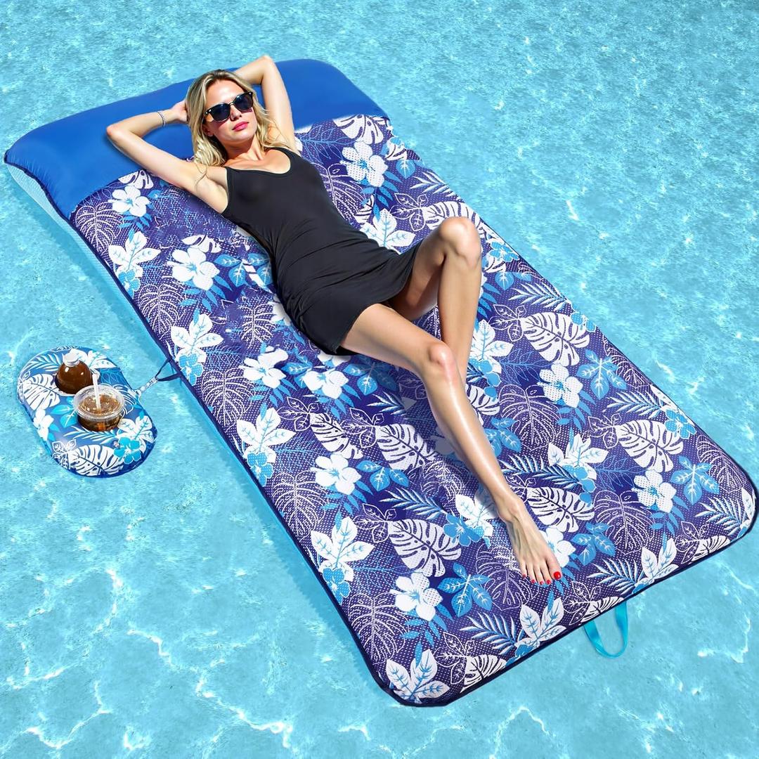 WERNNSAI Oversize Pool Floats Lounge for Adults 74" x 37.4" Extra Large Inflatable Pool Raft with Cup Holder Headrest Fabric Covered Multi-Purpose Pool Floaties for Party Lake Beach