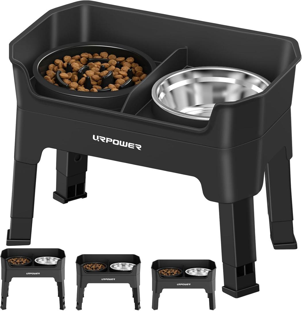 URPOWER 3-in-1 Elevated Dog Bowls - Mess Proof Double Deck 4 Height Adjustable Raised Stand with Stainless Steel Bowl & Slow Feeder Bowl for Small, Medium & Large Dogs