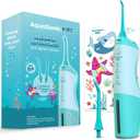 AquaSonic Kids' Water Flosser for Ages 6+ | Standard Nozzle, Orthodontic Nozzle & Waterproof Stickers | 4 Flossing Modes | Aquarium Adventures Theme (Blue)