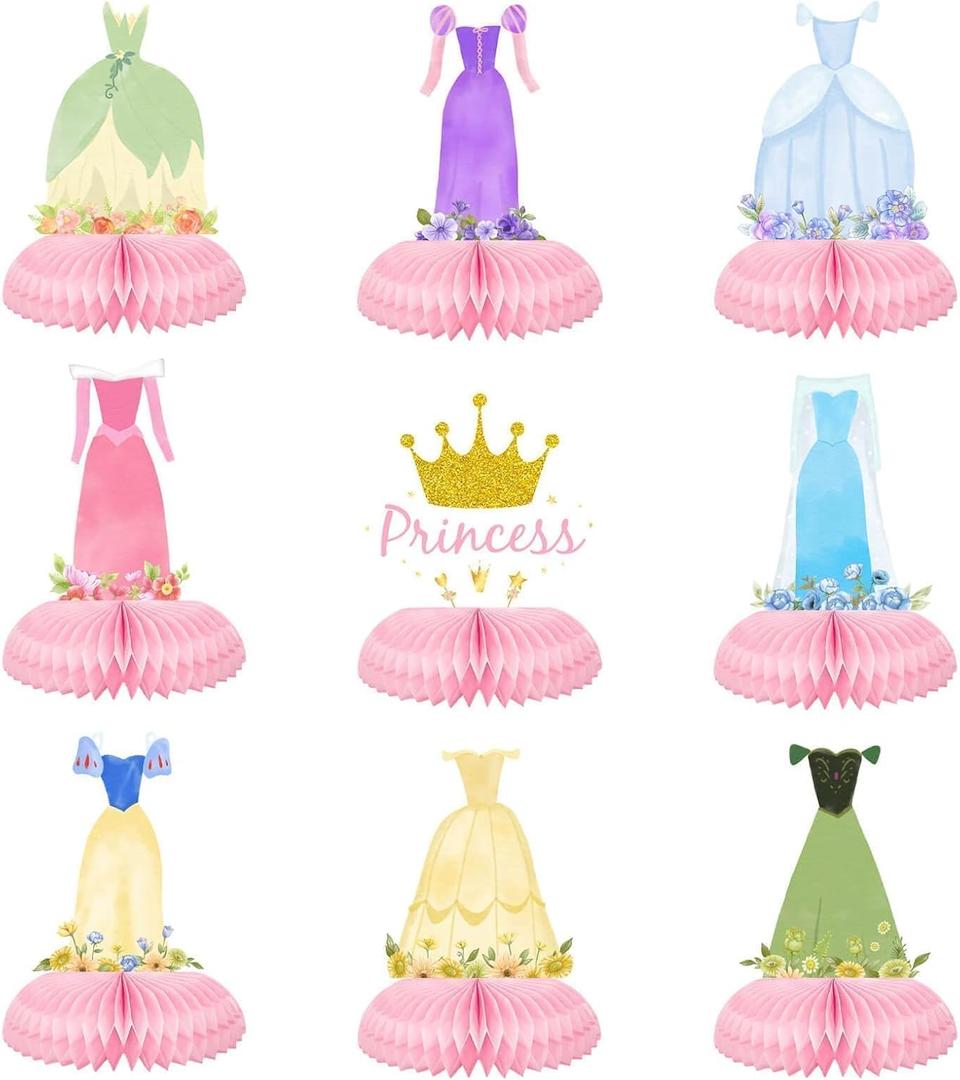 Princess Birthday Table Honeycomb Centerpieces Princess Table Topper Decor for Girl Birthday Fairytable Birthday Party Supplies Party Decorations (9 Pcs)