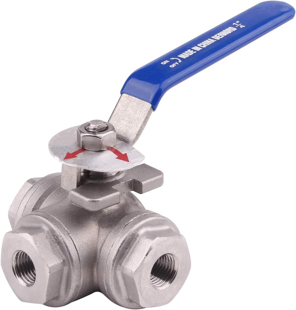 DERNORD 3-Way Ball Valve, L Mounting Pad, Stainless Steel 304 Female Type for Water, Oil, and Gas with Vinyl Locking Handle (1/4 Inch NPT)