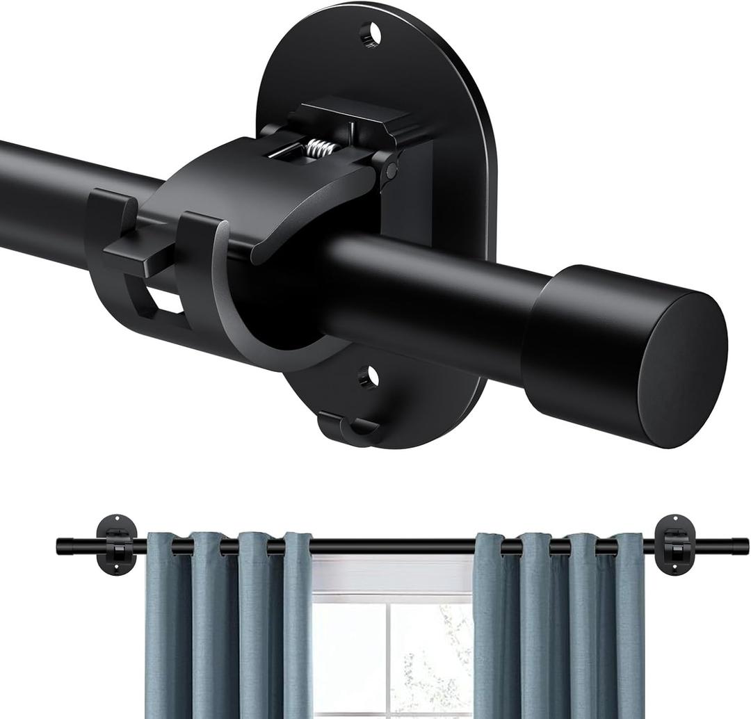 Curtain Rods for Windows No Drilling 30 to 45 Inch, 5/ 8 Inch Diameter Drapery Rods, No drill Curtain Rod Set with 3M Self Adhesive Curtain Rod Holders for Bedroom, Living Room, Kitchen, Black, 30"-45"