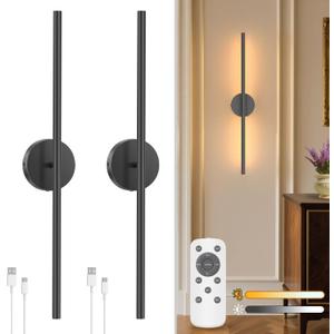 NIORSUN 27.6 Inch Battery Operated Wall Sconce Set of 2, Black Round Base Rechargeable Wall Lights with Remote, 3CCT Dimmable Wireless Wall Sconces for Living Room Bedroom Hallway