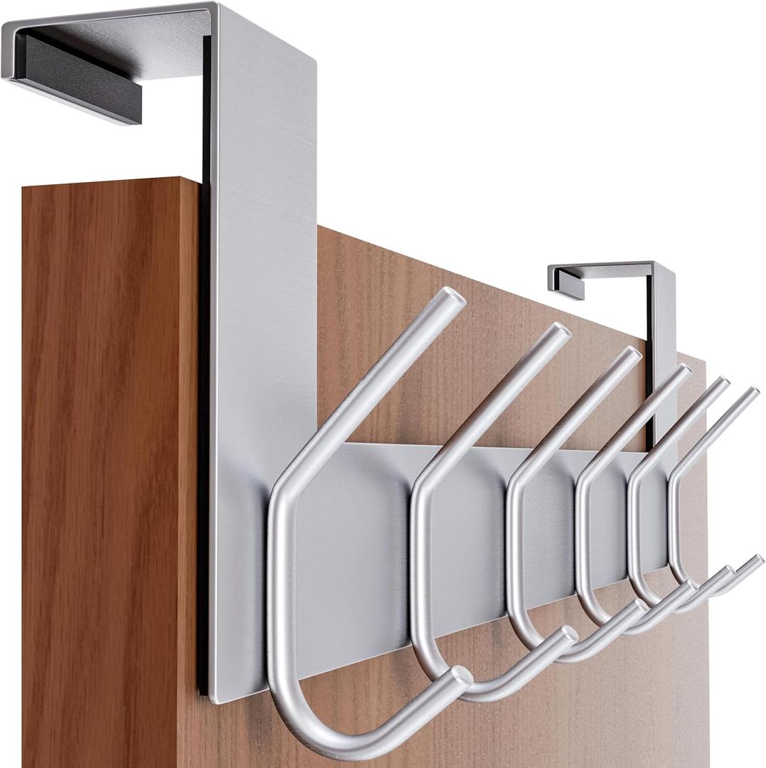 SKOLOO Over The Door Hook - 6 Hooks, No Assembly Required, Stainless Steel Door Hooks, Over Door Coat Rack for Hanging Coats Clothes Hats Robes, Silver (1 Pack)