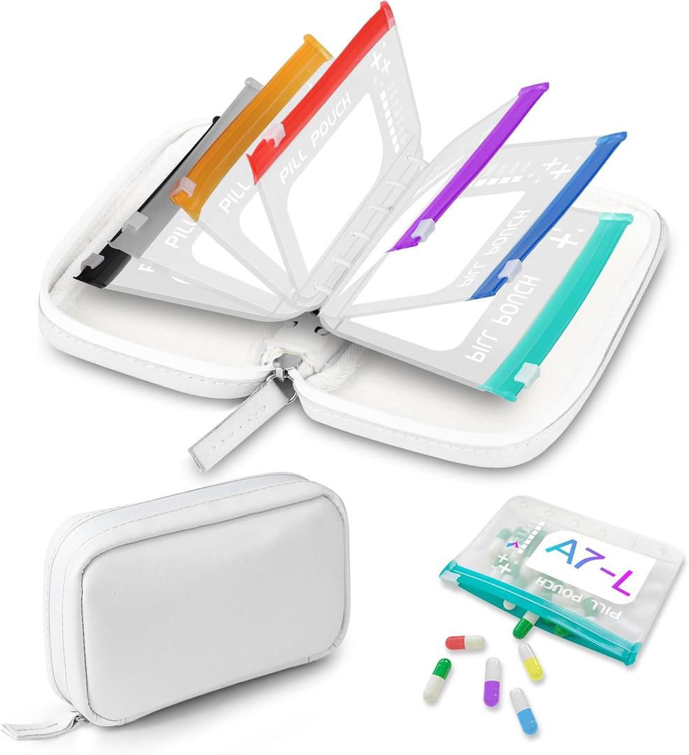 A7-L Water-Proof Pill Pouch Set Large Pill Organizer, BPA Free, A7-L Pill Loose-Leaf Storage with Color-Coded Medicine Pouches, Reusable Travel Medicine Organizer Zippered Pill Organizers Weekly (White)