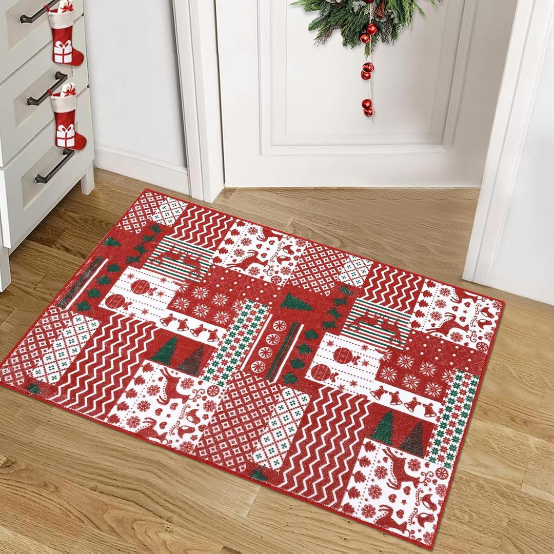 RUGSREAL Christmas Area Rug Christmas Patchwork Pattern Small Entryway Rug Doormat Non-Slip Holiday Decorative Washable Floor Carpet for Indoor Front Entrance Kitchen Bathroom, 2x3 Feet