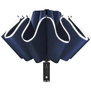 Lejorain Compact Inverted Reflective Umbrella - Automatic Folding Reverse LED Umbrella Travel Windproof Umbrellas for Rain