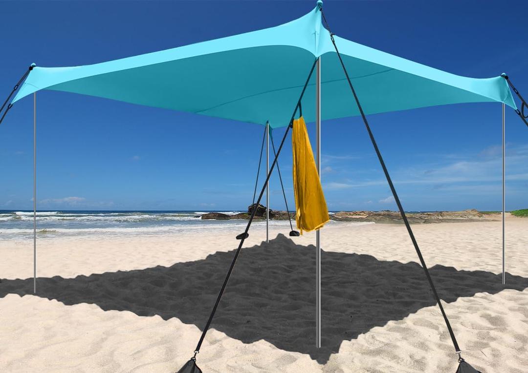 Beach Shade Windproof Design, Sun Shelter UPF50+ Portable Family Canopy Tent with 8 Sandbag Anchors 10x10 FT 4 Poles Pop Up Outdoor Shelter for Beach, Camping, Fishing, Backyard and Picnics (Turquoise)
