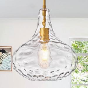 11" Clear Glass Pendant Light  Large Hand-Blown Glass Shade with Hammered Texture and Gold Finish, Adjustable Ceiling Hanging Light for Kitchen Island, Dining Room, Hallway, Living Room
