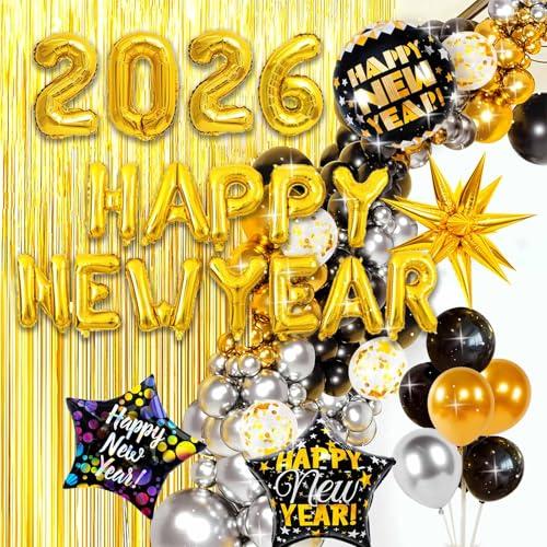 New Year Decorations 2026 Kit, Happy New Years Eve Party Supplies 2026, 2026 New Years Decoration Set with 2026 Foil Balloons Happy New Year Banner Foil Balloons, Fringe Curtains for NYE Decor