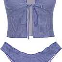 seamoly Women's Tankini Sets Tie Front Ruffle Bikini Set High Cut Thong Two Piece Swimsuit Floral Gingham Bathing Suit, Size: M