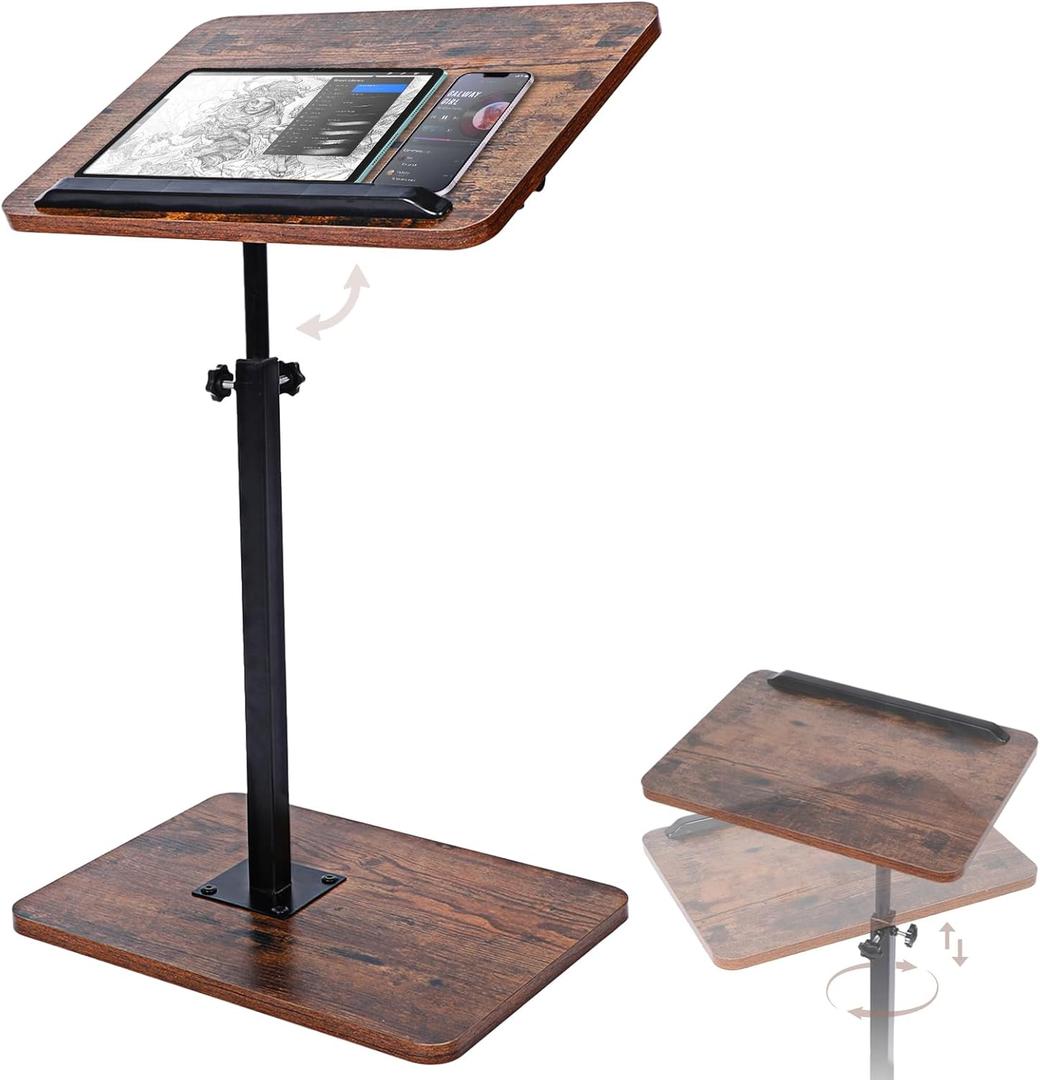 Amazpro Sofa Armrest Tray Table for Couch 360 Swivel Height Adjustable & 180 Flip, C Shaped Sofa Side Table for Bed Side, TV tv Trays Watching, Meals, Snacks, and Laptop Use (Rustic)