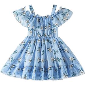 AGQT Toddler Girls Floral Print Dress Chiffon Off Shouler Casual Dress Ruffle Hem Tunic Dress Size 1-8T (5-6 Years, 7263z13# White Flower on Blue-off Shoulder)