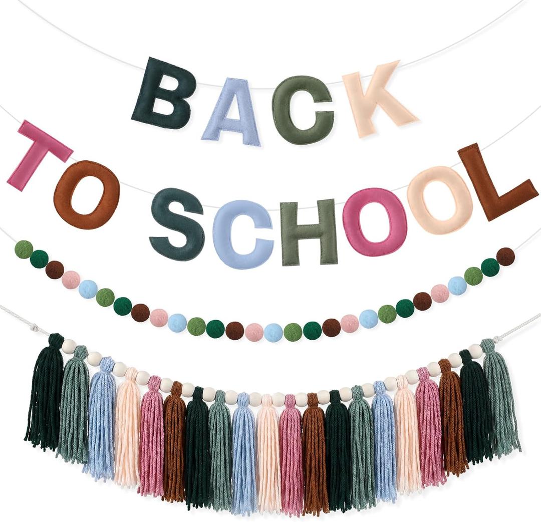HunnmingRe 3 Pcs Rainbow Pom Pom Garland Back to School Decor, Felt Yarn Hanging Set with Tassel String, Felt Pom-pom String and Back to School Banner for Classroom Party Decoration(Rainbow), 94cm, 2m, 3m