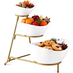 Gomakren 3 Tiered Oval Serving Bowl with Collapsible Metal Rack, Chip and Dip Serving Set, Dessert Appetizer Bowl Set (45oz / 17.5oz / 7oz), Serving Bowls For Mothers Day Entertaining (Gold Stand)