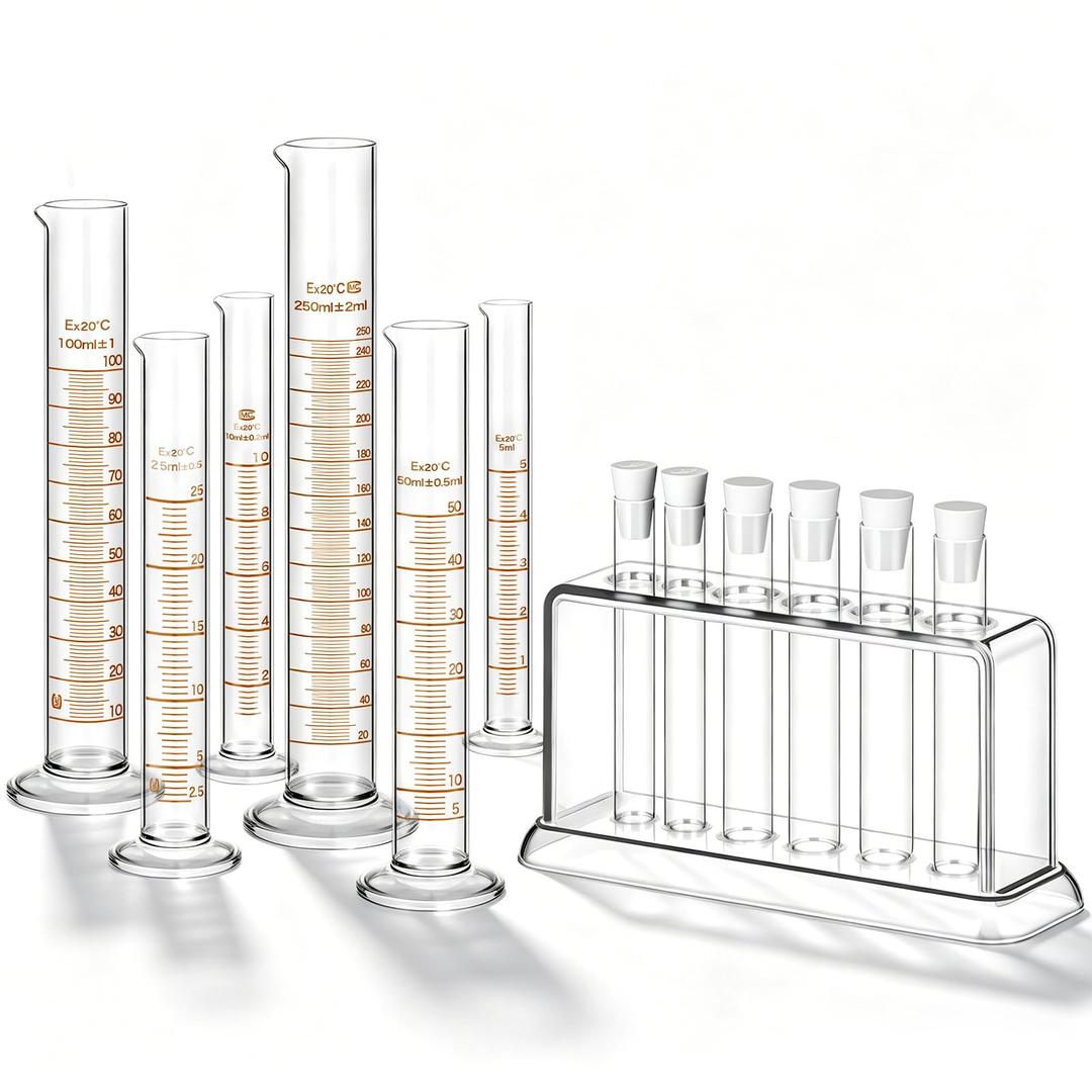 Tellegloww 6 Pcs Glass Graduated Cylinder Set 5ml 10ml 25ml 50ml 100ml 250ml Glass Test Tubes with Rack for Laboratory Science Chemistry Supplies Home Science Lab Party DIY