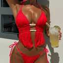 ZAFUL Halter Swimsuits for Women Textured Backless 2 Piece Bathing Suits Cheeky High Cut String Tie Side Bikini Sets, Red M