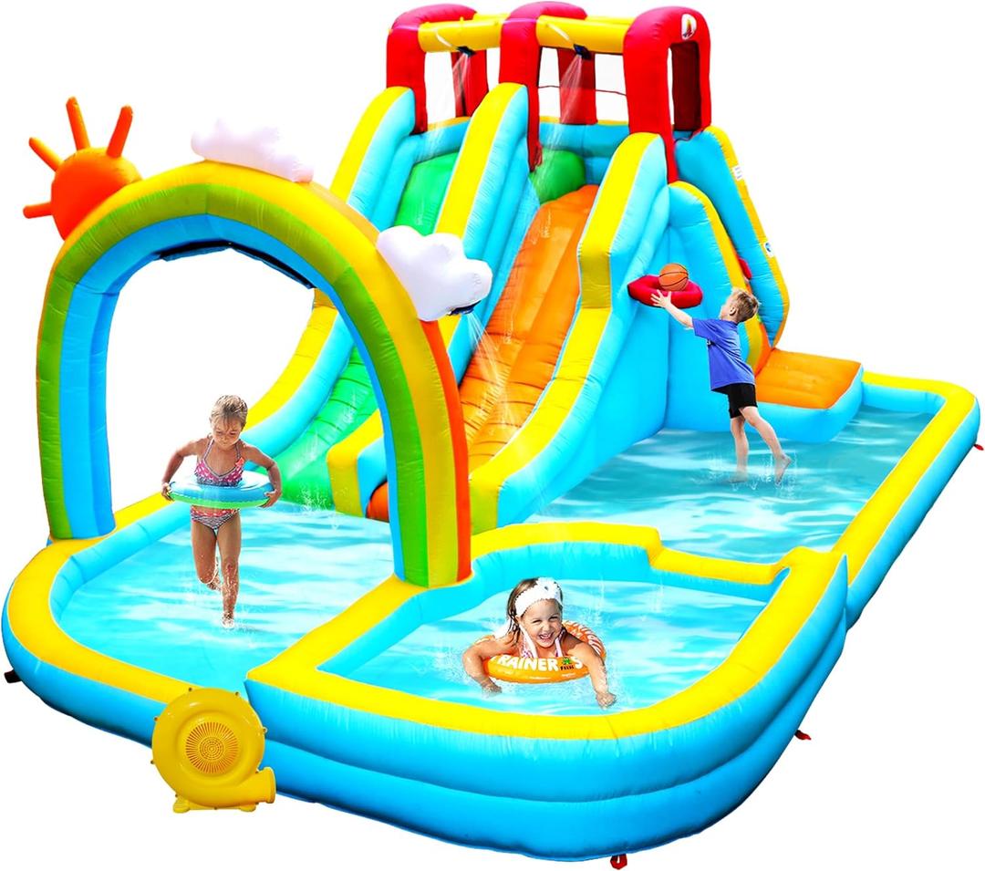 WELLFUNTIME Inflatable Water Double Slides Park with Blower, Bouncy Castle with Rainbow Water Curtain, with Shooting and Rock Climbing