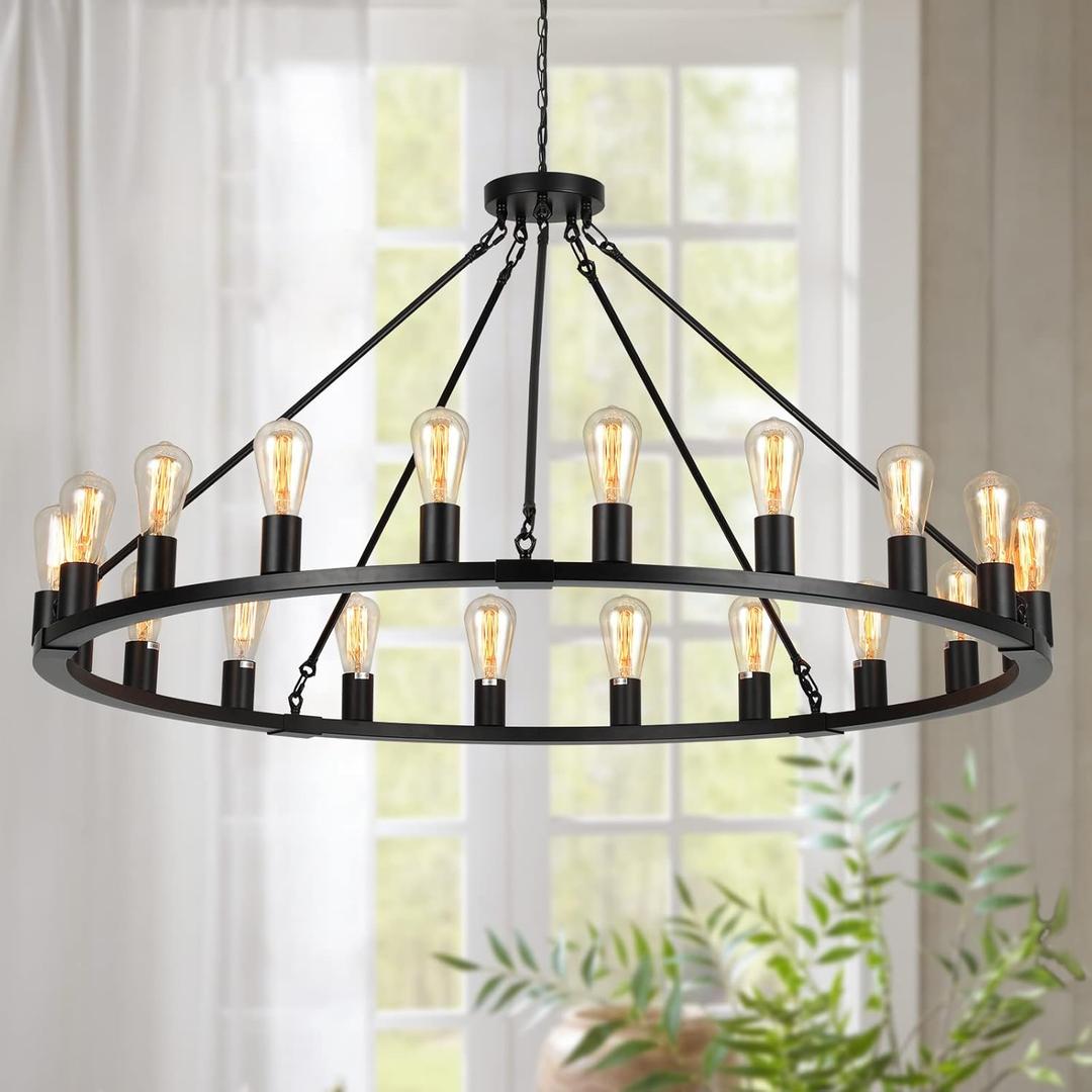 Wagon Wheel Chandelier, Large Black Farmhouse Chandelier for Dining Room Light Fixture, 20-Light 48 Inch Extra Hanging Lighting for High Ceilings Living Room Kitchen Island Foyer Villa