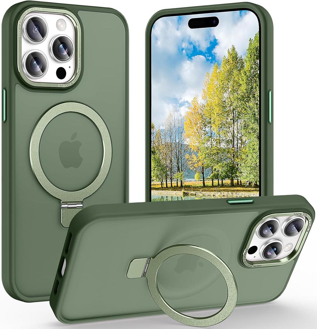 Magnetic for iPhone 14 Pro Case with Ring Stand, [10 FT Drop Protection] [Velvety Touch] Slim Translucent Matte Back Shockproof Phone Case for iPhone 14 Pro 6.1'', Midnight Green