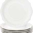 SOUJOY Set of 6 Salad Plate, 8 Inch Porcelain Dessert Serving Plates, Embossed Printing Small Dinner Dish for Pancakes, Steak, Microwave, Dishwasher Safe