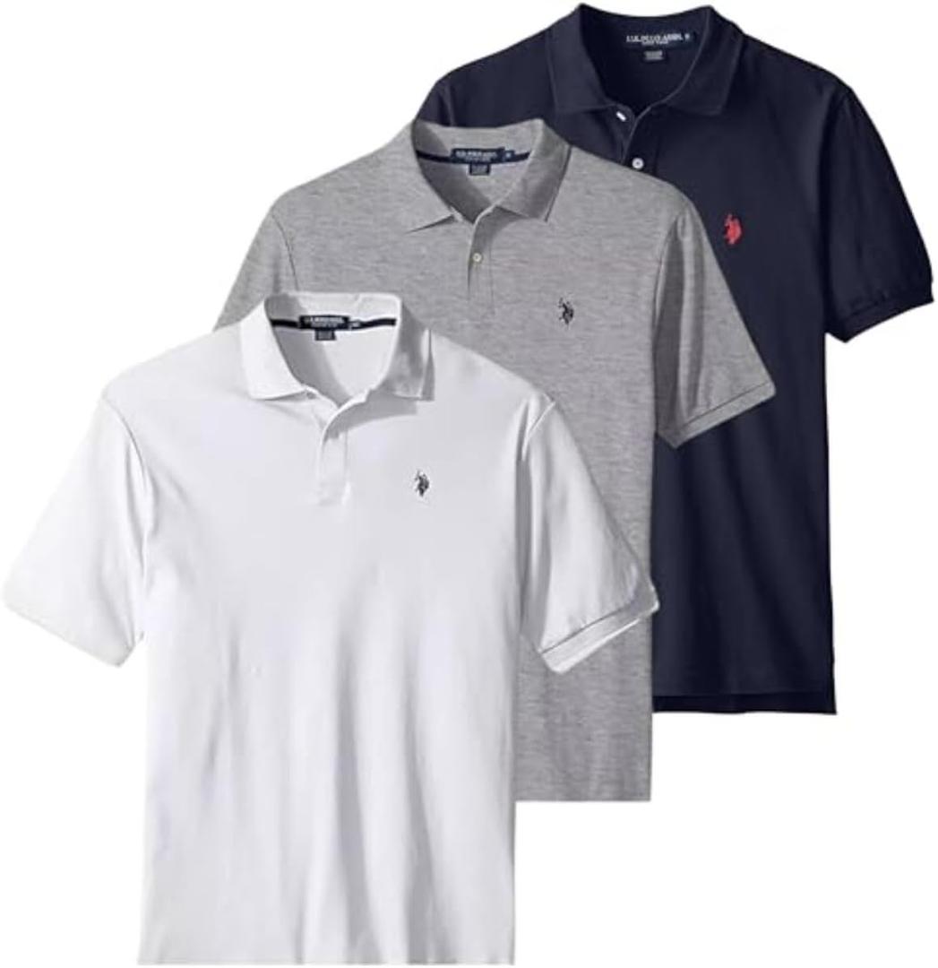 U.S. Polo Assn. Men's Classic Polo Shirt, Two-Button Closure Pique Polo Shirt, Summer Fashion Golf Shirt (Heather Grey/White/Classic Navy), 2XL