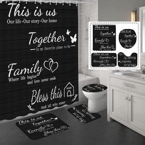 juwute 4Pcs Family Shower Curtain Sets with Non-Slip Rugs, Toilet Lid Cover and Bath Mat, Black Home Bathroom Decor Set Accessories Waterproof Shower Curtains with 12 Hooks, 72 x 72 Inch