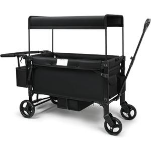 VOOI Stroller Wagon, 2 Seater Kids Wagon, Collapsible with 5-Point Harnesses, Zipper Door, Sun Canopy (Black)