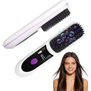 Go Brush Pro 2026, Portable Straightener Brushs for Travel, with LCD Temperature Display, Fast Heating Cordless Mini Hair Brushs (White)