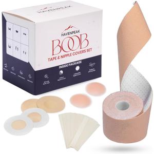 2 x Boob Tape & Nipple Covers Set | 8M Lift Tape with 2 Silicone Covers, 20 Clothing Strips & 4 Disposable Covers | Waterproof Invisible Bra for Backless, Strapless Dresses (1 Pack Tape Set)