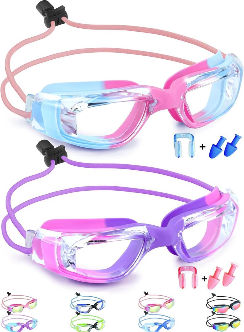 Vvinca Goggles for Kids 6-14 with Bungee Strap 2pc, Toddler Kids Swim Goggles for Swimming 8-12 No Hair Pulling for Boys Girl, One Size