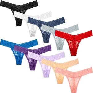 Pack 10 Seamless Lace Thongs for Women Plus Size Breathable Panties Low Rise T-back Stretch Cotton No Show Underwear (X-Small)
